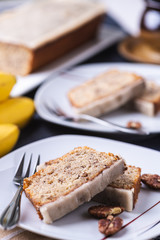 Piece of banana cake on plate