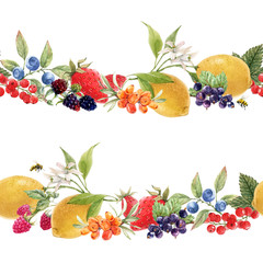 Beautiful seamless berry pattern with watercolor hand drawn fruits paintings. Stock illustration.