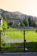 Iron gate of an old villa with a large garden