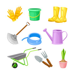 Garden Tools with Watering Can and Ironmongery Vector Set