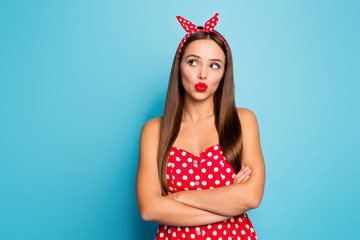 Close-up portrait of her she nice attractive lovely lovable winsome dreamy straight-haired girl folded arms pout lips thinking isolated on bright vivid shine vibrant blue color background