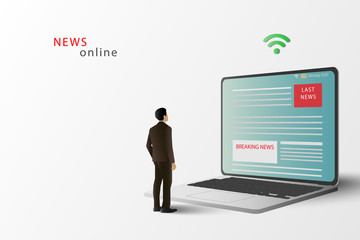 News website on laptop screen. Online news. Man stand read news on laptop.