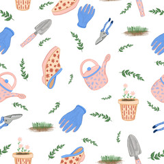 Cute Gardening tools seamless pattern. Hand drawn pencil illustration of garden equipment. Isolated on white background. Garden gloves, bypass pruners, watering can, flowerpot. Flat cartoon design. 