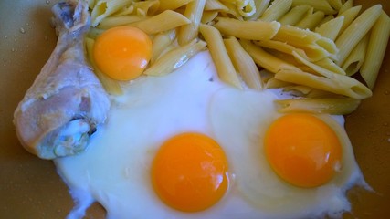 Home Cooking. Fried eggs with pasta and ham in a frying pan. Bon Appetit. Cheap food. Cut out the expense. Simple recipe. Wholesome food. Three yolks