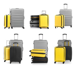Set of different suitcases on white background