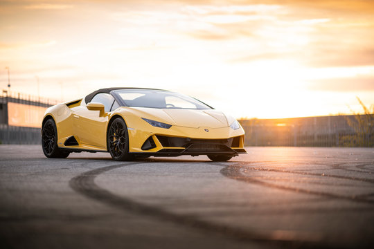 Wroclaw, Poland - May 6, 2020: Yellow parked lamborghini Huracan. It is a dream car with beautiful italian design. 