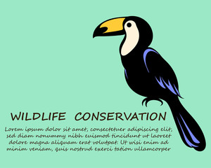 Vector illustration on a green background of a hornbill. It is a symbol of wildlife conservation.