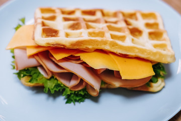 tasty Belgium waffle with lettuce, meat, egg and vegetables served of pretty blue plate