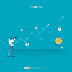 Finance performance concept. business profit increase with growth up arrow and people character. income salary rate grow margin revenue with dollar symbol. return on investment ROI vector illustration