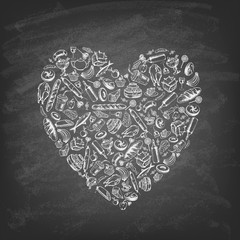 Heart shape made from food and drink on blackboard. Vintage style. Vector illustration.