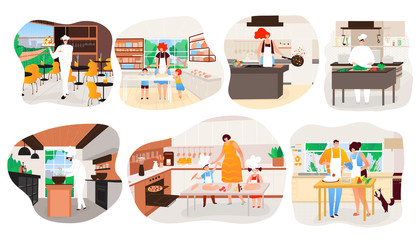 People cooking at home, restaurant kitchen chef cartoon character vector illustration. Happy family mother and children in kitchen together baking homemade pastry. Smiling cook in professional uniform