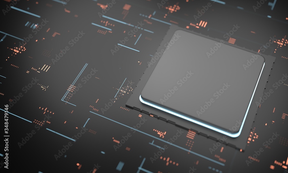Poster 3d rendering of blank empty cpu on glowing circuit main board background. concept of for deep machin