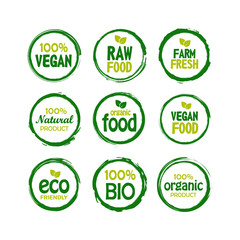 Set of fresh healthy organic vegan food logo labels isolated. Vector