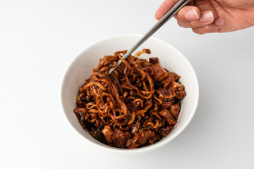 Jjajang ramen on white background