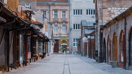 Fototapeta na wymiar Old town showing commerce at curciluk veliki street in Sarajevo in a beautiful summer day, Bosnia and Herzegovina .