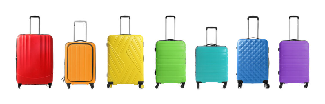 Set of different colorful suitcases on white background. Banner design