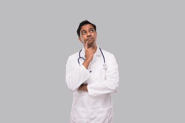 Indian Man Doctor Thinking Sign. Doctor Watching Up. Isolated