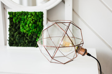 Lamp in glass design, lamp and interior, modern home design, comfort, lighting, plants, light and reading