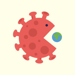 Coronavirus global impact on the world. Giant corona virus cell swallows planet Earth. Covid worldwide pandemic and all over the world crisis concept. Vector illustration flat style