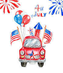 Watercolor hand painted patriotic red car with US flags, red, white and blue balloons, firecracker, salutes, stars. Decorative banner with symbols of 4th of July. Holiday card. Cartoon illustration