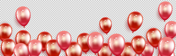 Festive background. Gel balls-hearts red. Horizontal banner with place for text. For happy birthday, International Women's Day. Isolated on a transparent background. Vector illustration