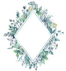 Fototapeta na wymiar Beautiful rhombus frame with hand drawn watercolor herbs and wildflowers