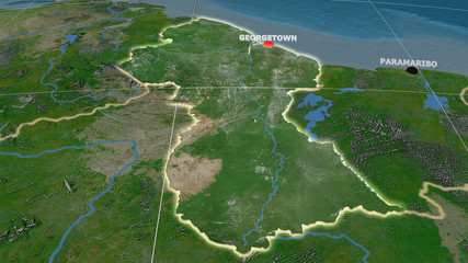 Guyana extruded and capital labelled. Satellite