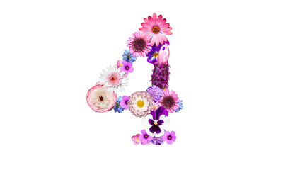 花で作った数字の４（花数字、花フォント）