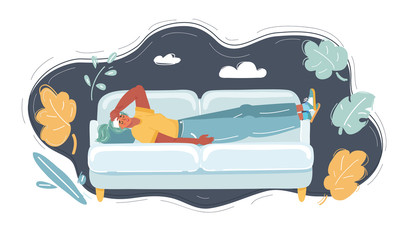 Vector illustration of man having headache, lying on sofa