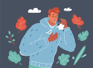Vector illustration of man coughing because of pulmonary disease isolated on dark background.