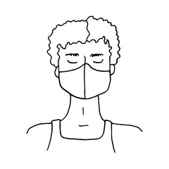 Woman wearing face mask. Hand drawn vector doodle person in medical mask. Coronavirus protection, covid-19 disease prevention concept. Protective masks respirators for healthcare.