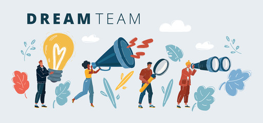 Cartoon vector illustration of people with big object. Successful dream team, teamwork in business concept