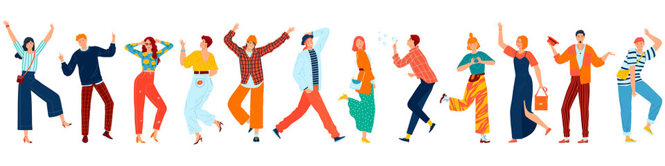 Happy people, young joyful laughing men and women dancing, jumping with raised hands isolated set of flat vector illustrations. Happy positive peole rejoicing together in dance, happiness, friends.