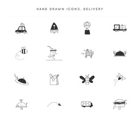 Set of hand drawn vector icons. Fast delivery, express mail logo elements.