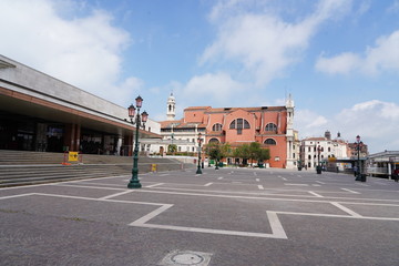 Venice, Italy - May 10, 2020: Venice train station during COVID-19 Coronavirus lockdown quarantine....