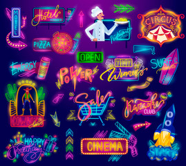 Neon sign, retro vintage advertising billboard, bright signboard, light banner, frames vector illustration set. Showtime signs design element, light bulbs, icons and neon lamp. American advertisement.