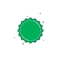 Color flat illustration with a bottle cap on a white background. Green cover metal cork. Isolated element. Line art design. Top view. Outline a single drink object