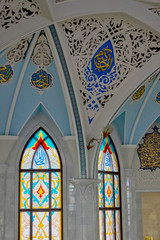 Russia, Kazan June 2019. The interior of the Kul Sharif Mosque in the Kazan Kremlin. Beautiful mosaic and stained glass.