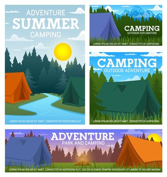 Travel camping camp and tents. Summer outdoor adventure, hiking, mountaineering and trekking tourism vector poster. Backpacking sport travel, camp tent and campfire at river