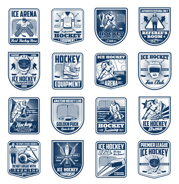 Ice hockey sport isolated vector icons. Winter sport vintage badges and retro emblems. Ice hockey cup tournament, players and referee, uniform ang trophy, crossed sticks and puck on arena shield