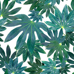 Tropical green leaves seamless pattern background.