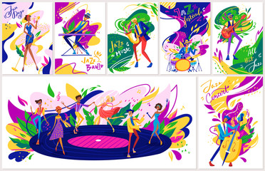 Summer jazz festival concert performance , jazzy musicians playing music, singers and jazz band instruments cartoon set of vector illustrations. Saxophonist, guitarist, jazz band and dancing people.