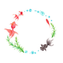 Fototapeta na wymiar 金魚と水草の水彩イラストで装飾した円形フレーム