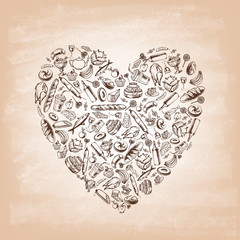 Heart shape made from food and drink on old paper. Vintage style. Vector illustration.