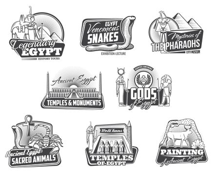 Ancient Egypt isolated vector icons set. Pharaoh pyramids, temples, Egyptian gods and sacred animals snakes scorpio, monuments and Cairo treasures exhibition, paintings museum monochrome travel signs