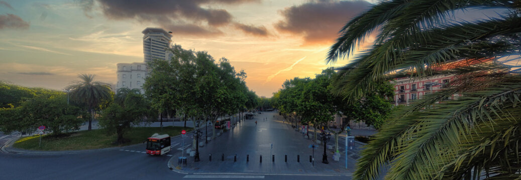 Aerial View In Las Ramblas Of Barcelona During Coronavirus Pandemic. Social Distancing