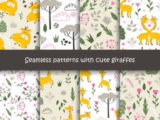 Fototapeta premium Set of seamless patterns with Giraffes and plants.