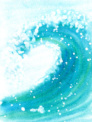 Blue water background. Watercolor sea wave. Ocean spirit. Summer sence. Hand drawn art. Romantic pattern. Creative wallpaper