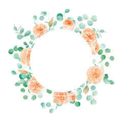 Peach and Orange Watercolor Rose Flower Wreath Background with English Rose Austin and Eucalyptus