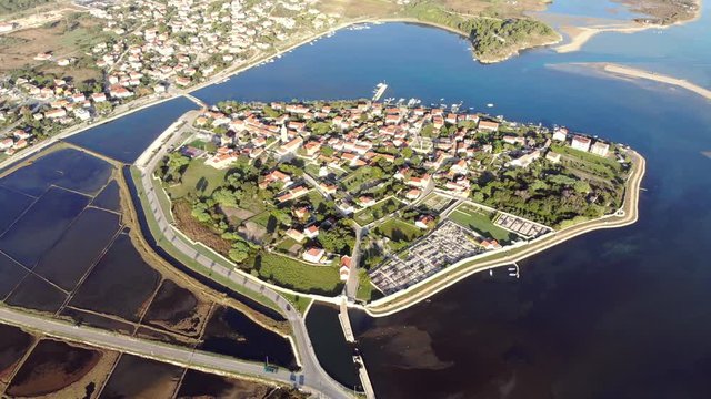 Aerial View Of The Famous Resort Town On The Island In Lagoon (Nin, Croatia)